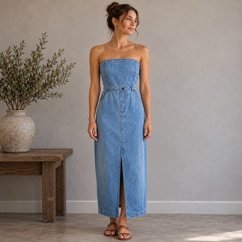 Free People Blue Retro Denim Strapless Picture Perfect Midi Dress NWT 10